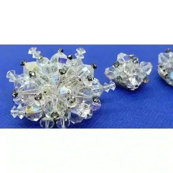 Vintage Brooch Earrings AB Prism Clear Faceted & Rhinestone Head Pins 50s Glam - Picture 4 of 9